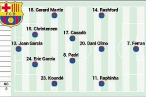 PG试玩-阿斯预测巴萨首发：奥尔莫在列，拉什福德、费兰、拉菲尼亚三叉戟